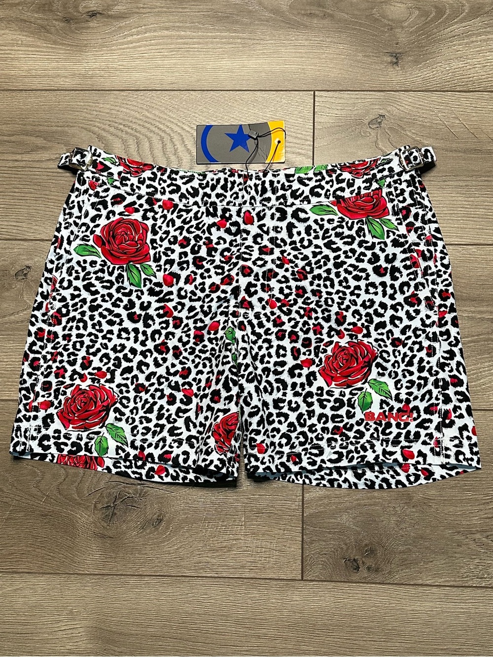 Bang Miami 5" Tailored Lined Swim Shorts Animal Rose Print Black Red Size Medium